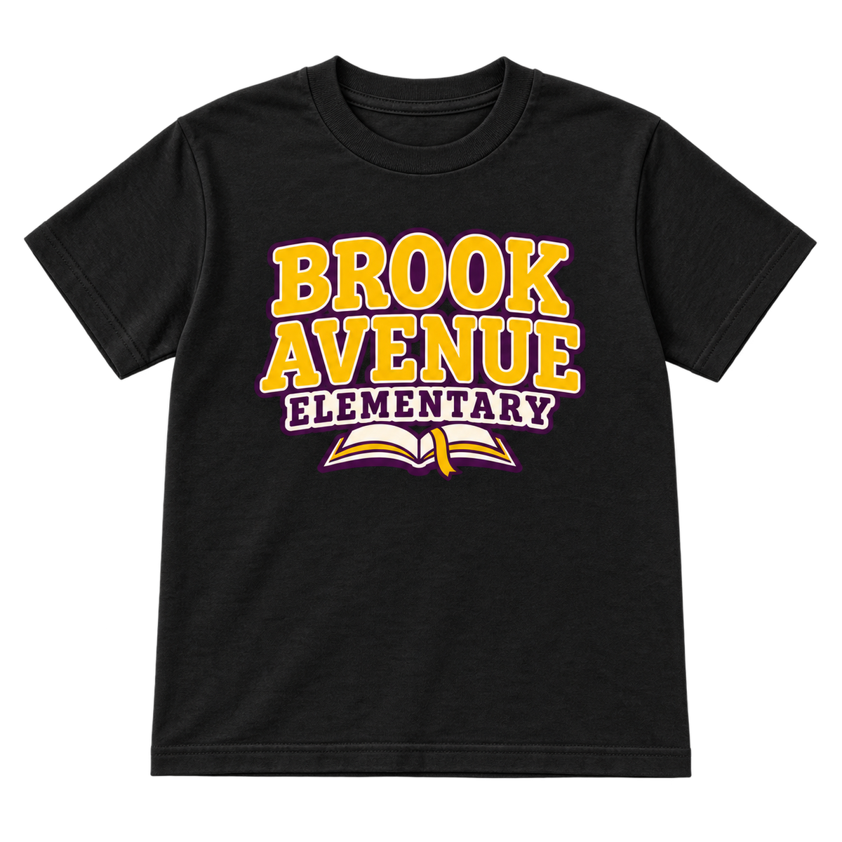 Brook Avenue Elementary youth tee in Black, yellow and plum lettering with open-book front graphic