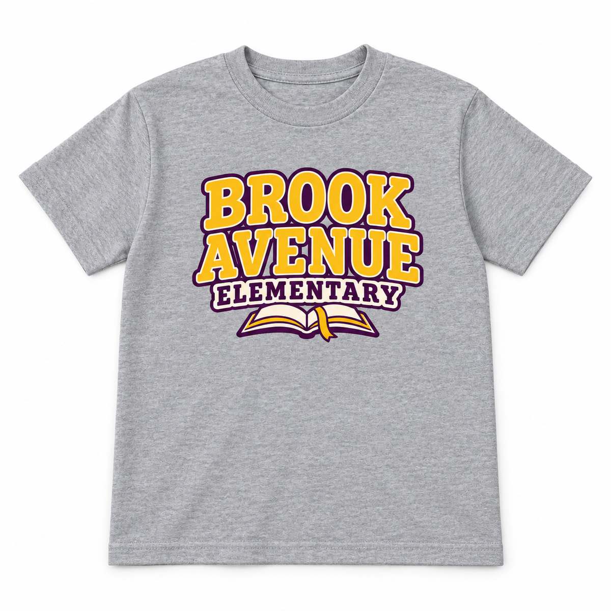 Brook Avenue Elementary youth tee in Sport Grey heather gray, yellow and plum lettering with open-book front graphic