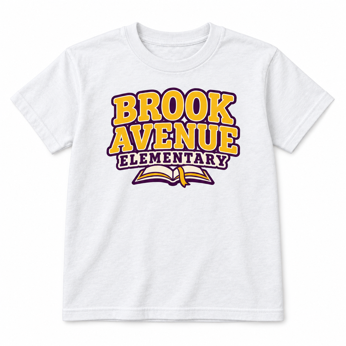 Brook Avenue Elementary youth tee in White, yellow and plum lettering with open-book front graphic