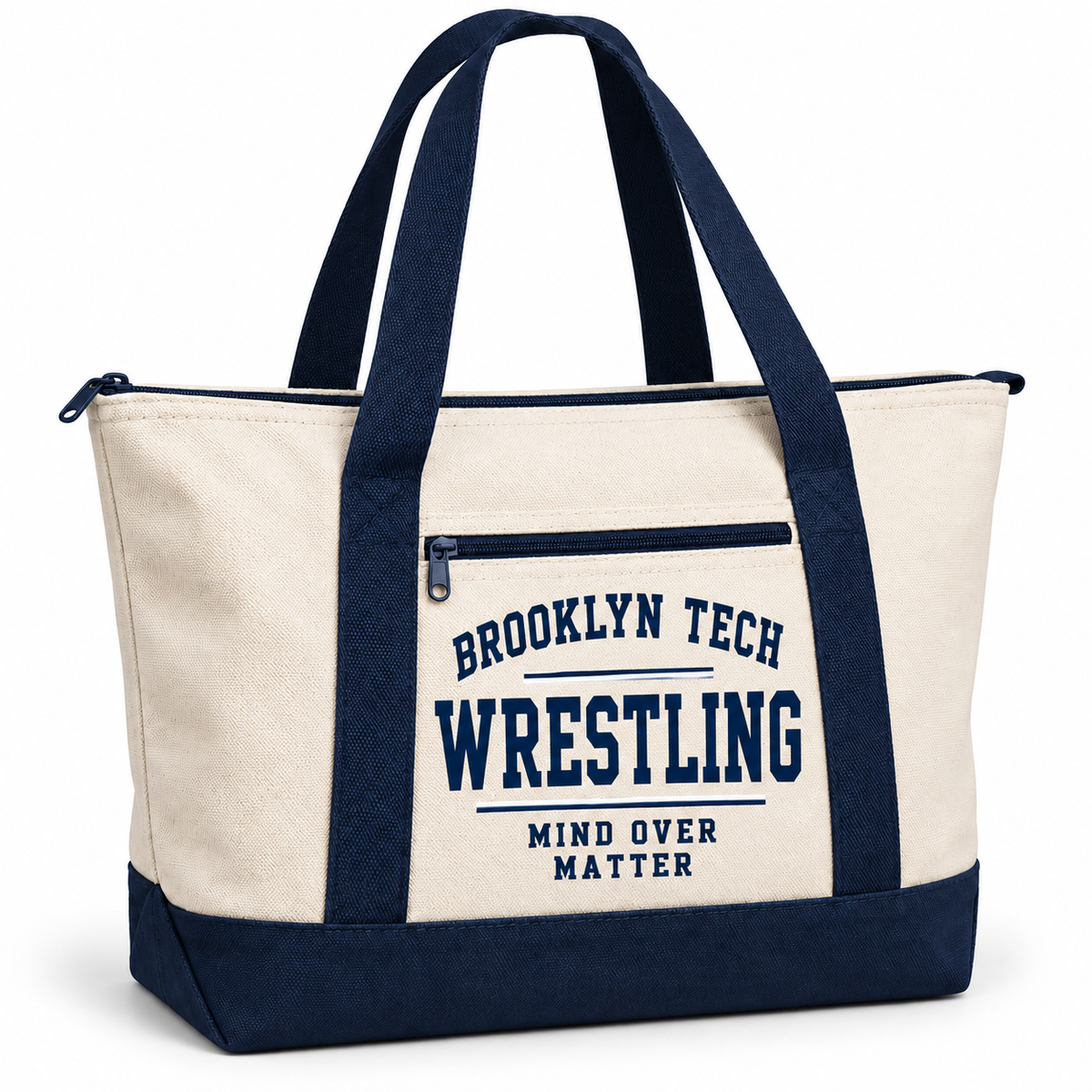 Brooklyn Tech Wrestling Canvas Double-Zip Tote | Natural / Navy preliminary decoration mockup