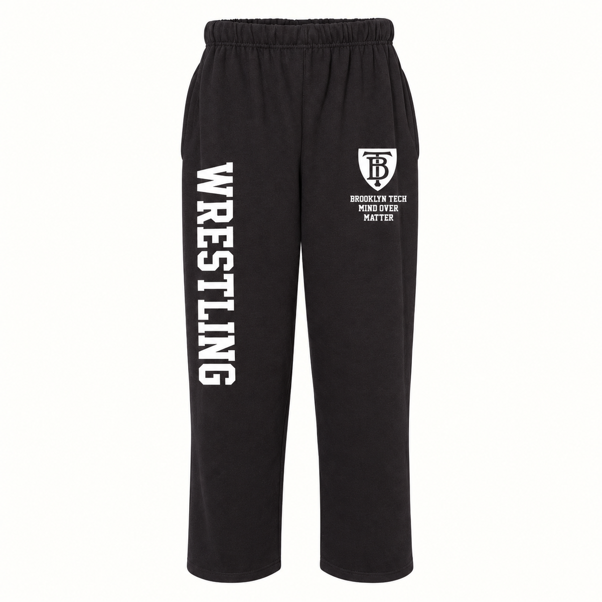 Adult black C2 Sport open-bottom sweatpants with Brooklyn Tech Mind Over Matter thigh crest and white Wrestling leg print