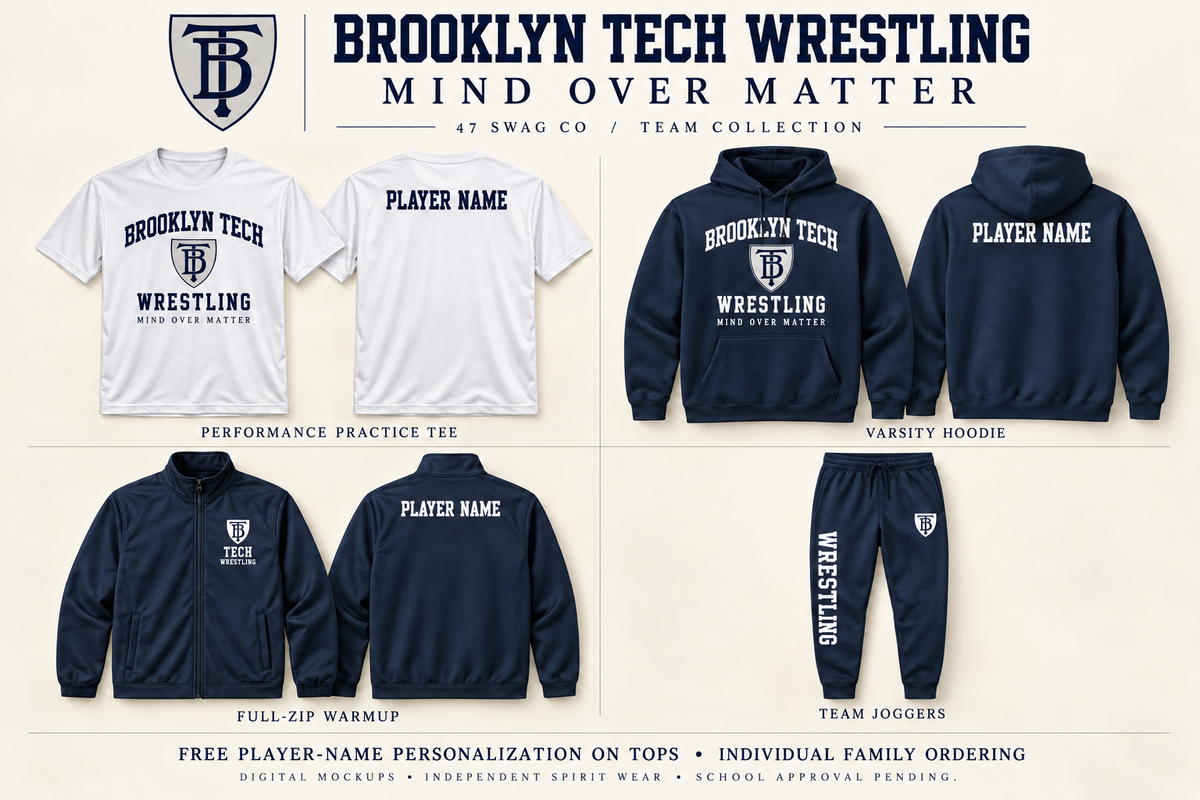 Brooklyn Tech collection presentation with name-only jacket back