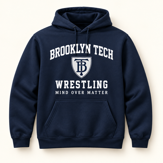 Brooklyn Tech Wrestling Mind Over Matter Hoodie | Navy preliminary front-view mockup