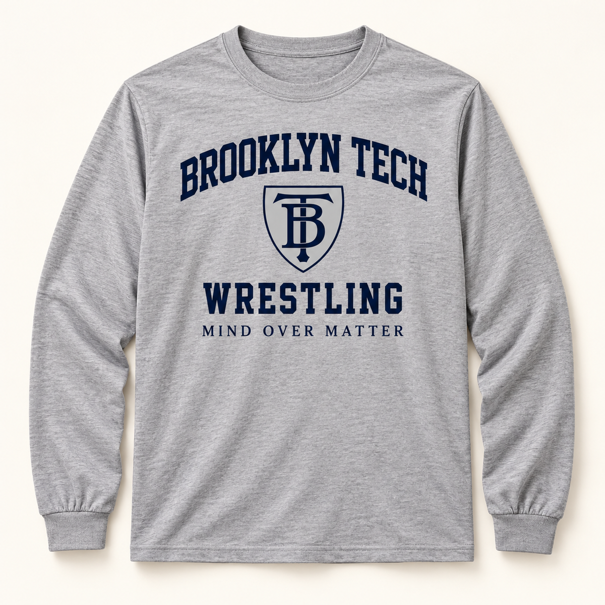 Brooklyn Tech Wrestling Mind Over Matter Long-Sleeve Tee | Heather Gray digital mockup