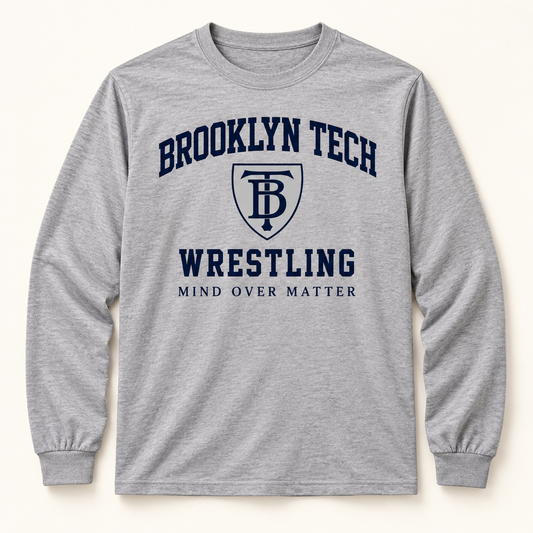 Brooklyn Tech Wrestling Mind Over Matter Long-Sleeve Tee | Heather Gray digital mockup