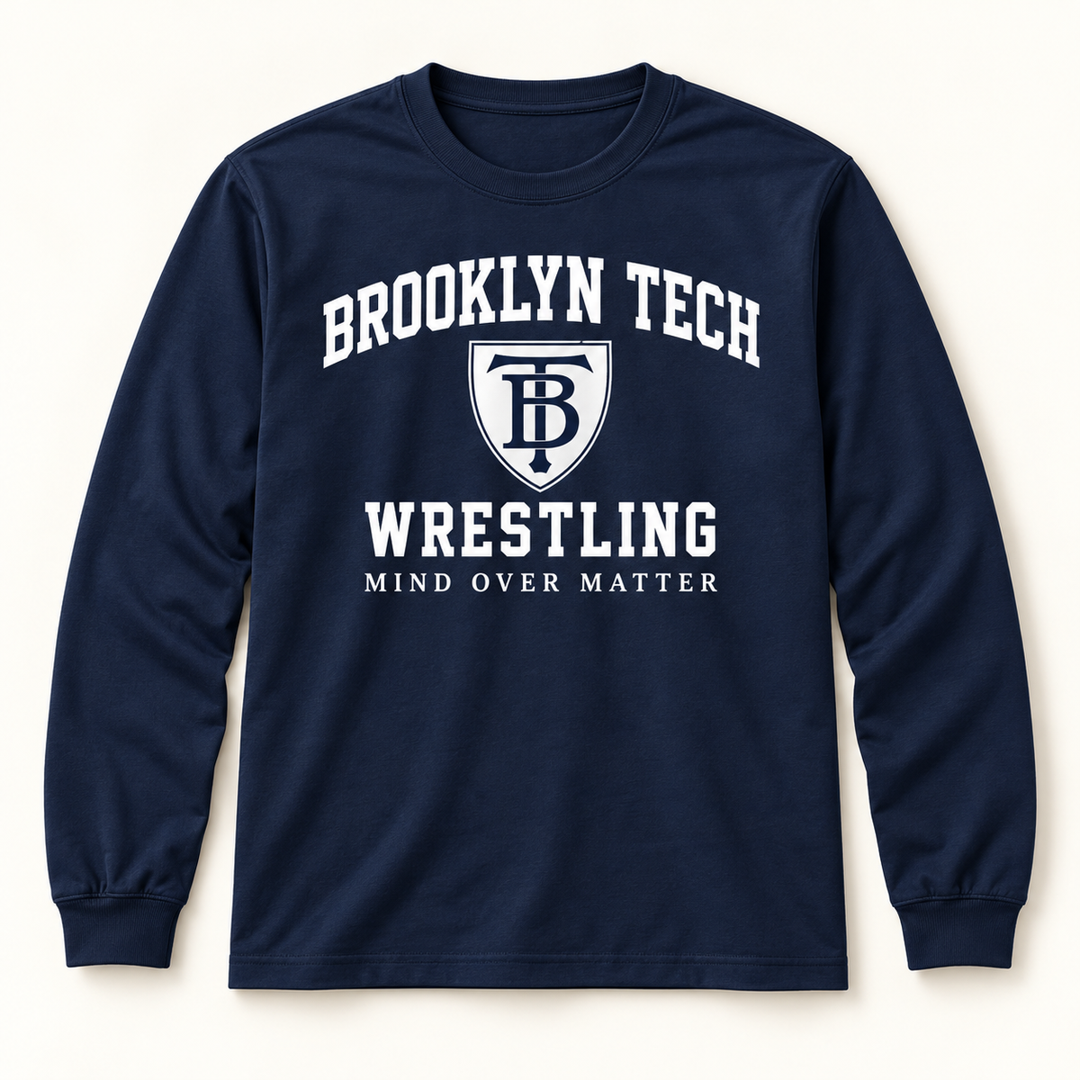 Brooklyn Tech Wrestling Mind Over Matter Long-Sleeve Tee | Navy digital mockup