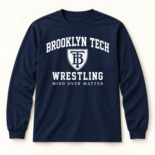 Brooklyn Tech Wrestling Mind Over Matter Long-Sleeve Tee | Navy digital mockup
