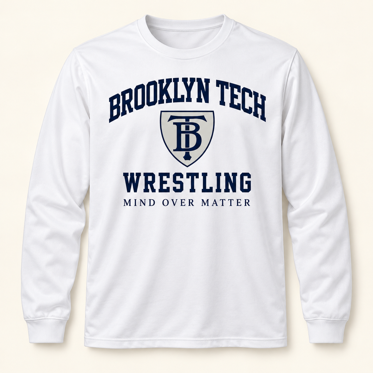 Brooklyn Tech Wrestling Mind Over Matter Long-Sleeve Tee | White digital mockup