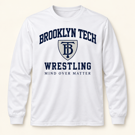 Brooklyn Tech Wrestling Mind Over Matter Long-Sleeve Tee | White digital mockup