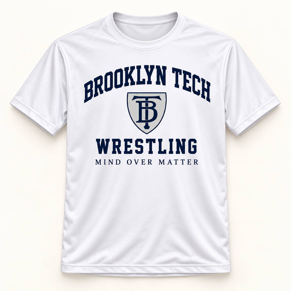 Brooklyn Tech Wrestling Mind Over Matter Performance Tee | White preliminary front-view mockup