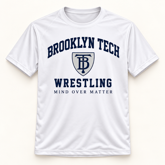 Brooklyn Tech Wrestling Mind Over Matter Performance Tee | White preliminary front-view mockup