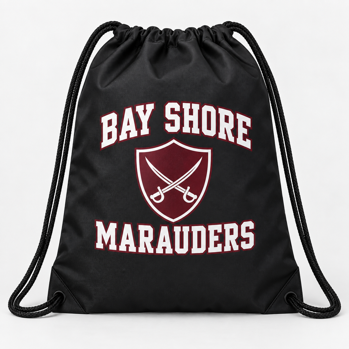 Bay Shore Marauders drawstring bag in black, front view