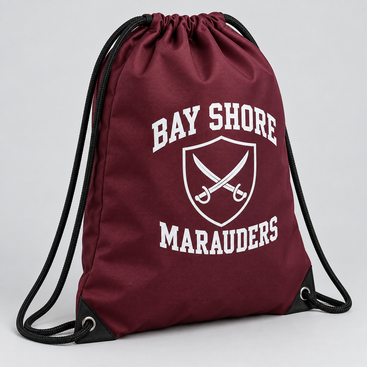 Bay Shore Marauders maroon drawstring bag, angled detail view