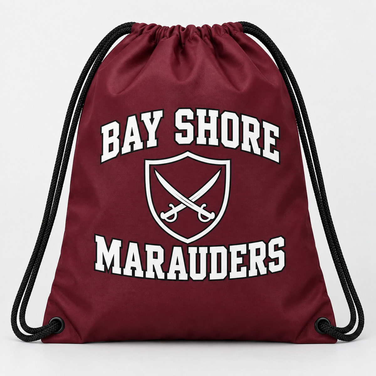 Bay Shore Marauders drawstring bag in maroon, front view