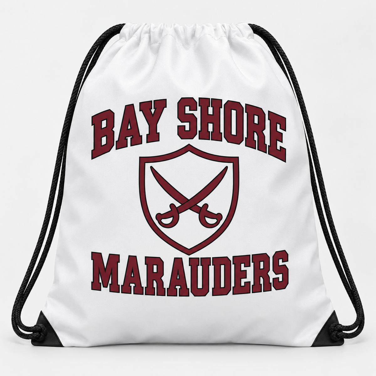 Bay Shore Marauders drawstring bag in white, front view