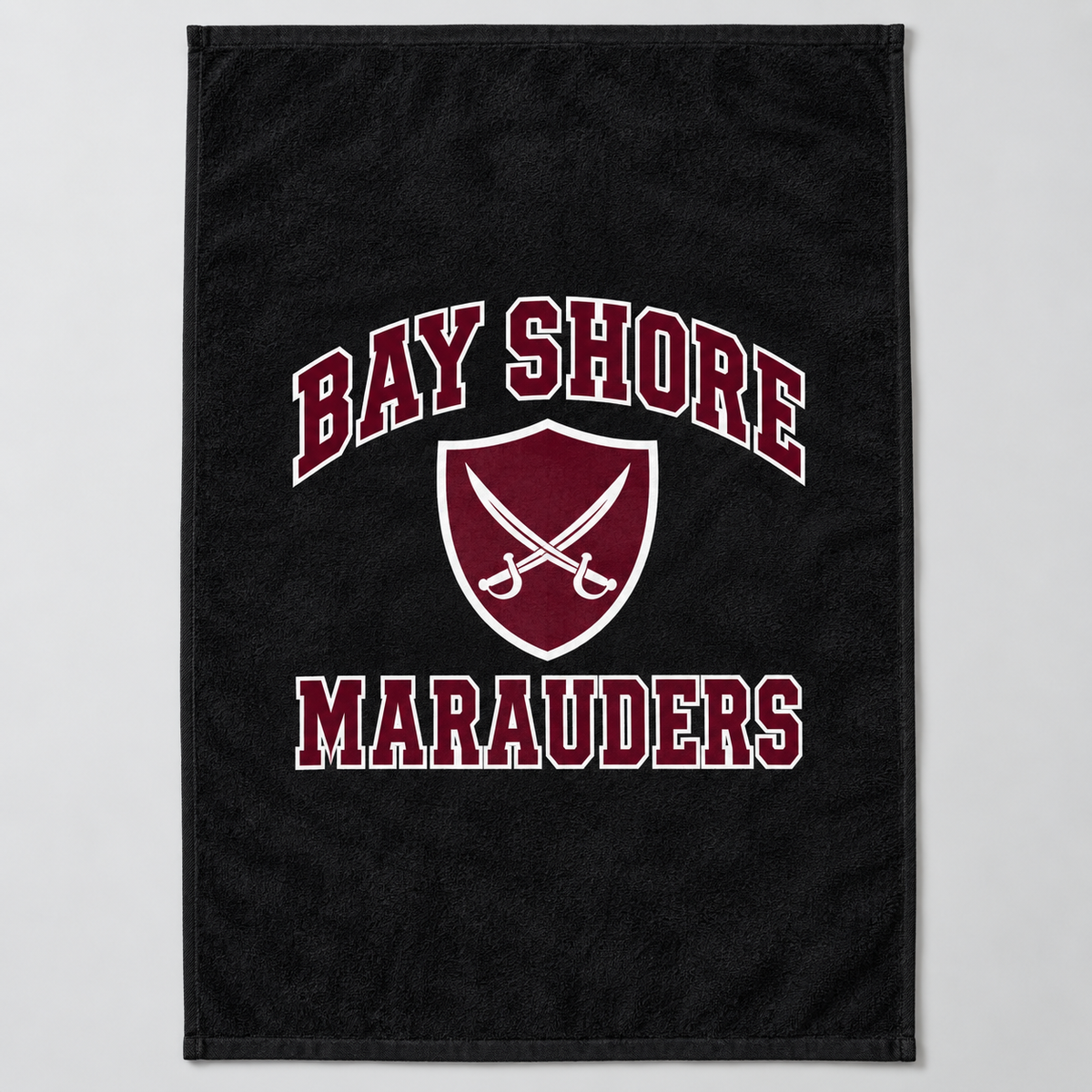 Bay Shore Marauders black beach towel, full front view