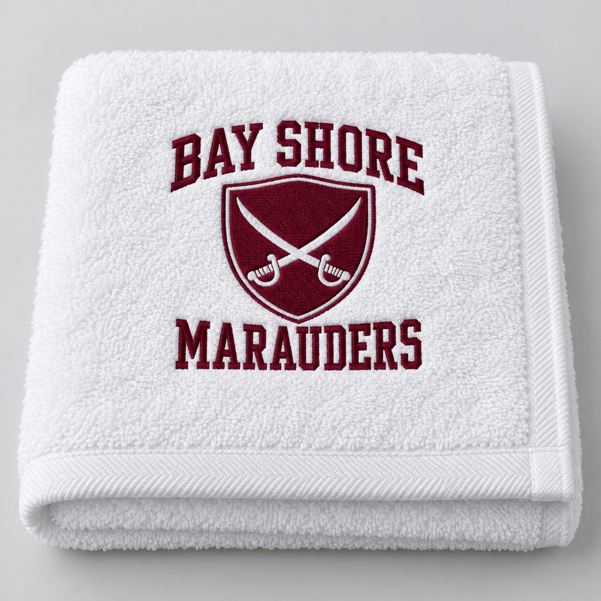 Bay Shore Marauders white beach towel, folded detail view