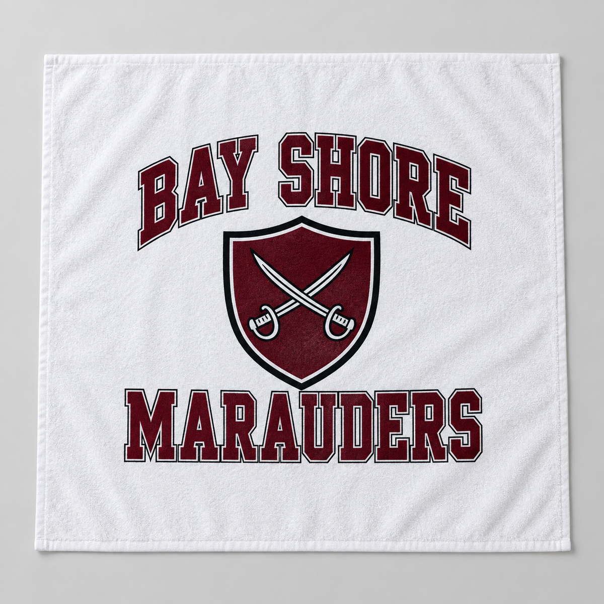 Bay Shore Marauders white beach towel, full front view
