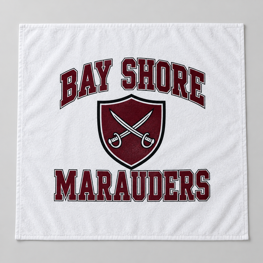 Bay Shore Marauders white beach towel, full front view