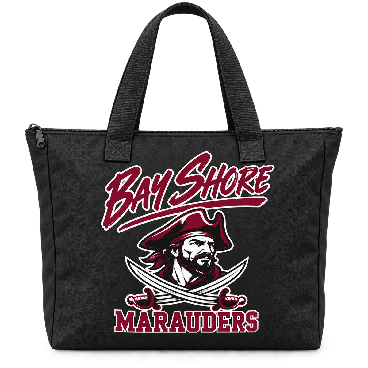 Bay Shore Marauders Polyester Zip Bag in Black, front view with Bay Shore Marauders artwork