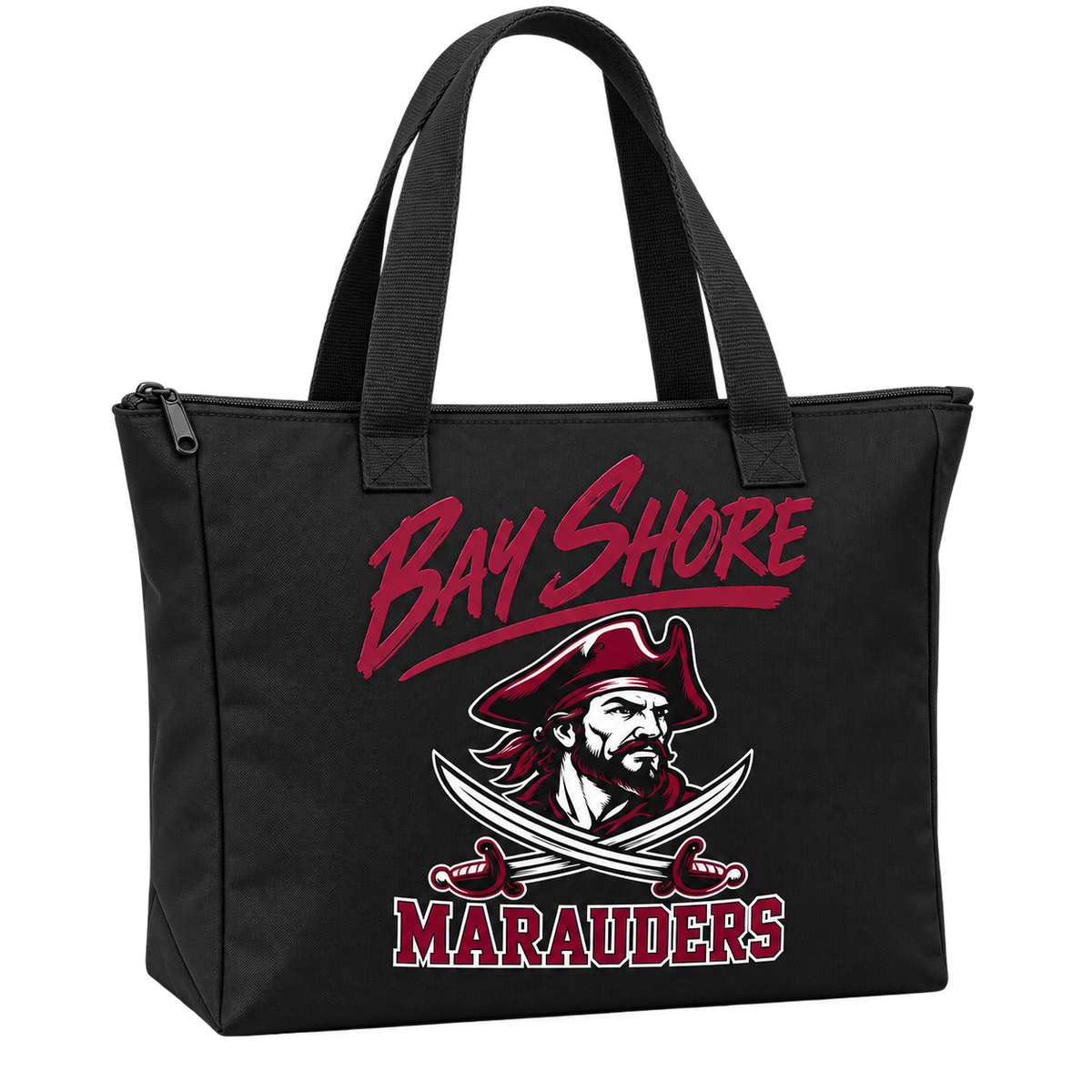 Bay Shore Marauders Polyester Zip Bag in Black, angled detail showing the front artwork, zipper and handles