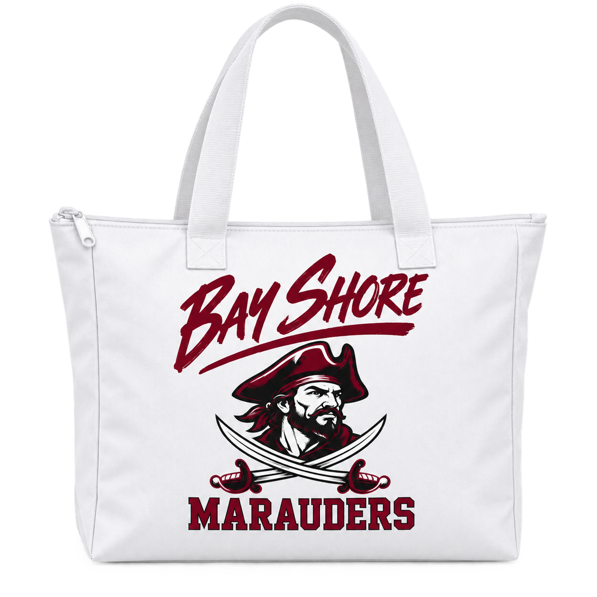 Bay Shore Marauders Polyester Zip Bag in White, front view with Bay Shore Marauders artwork