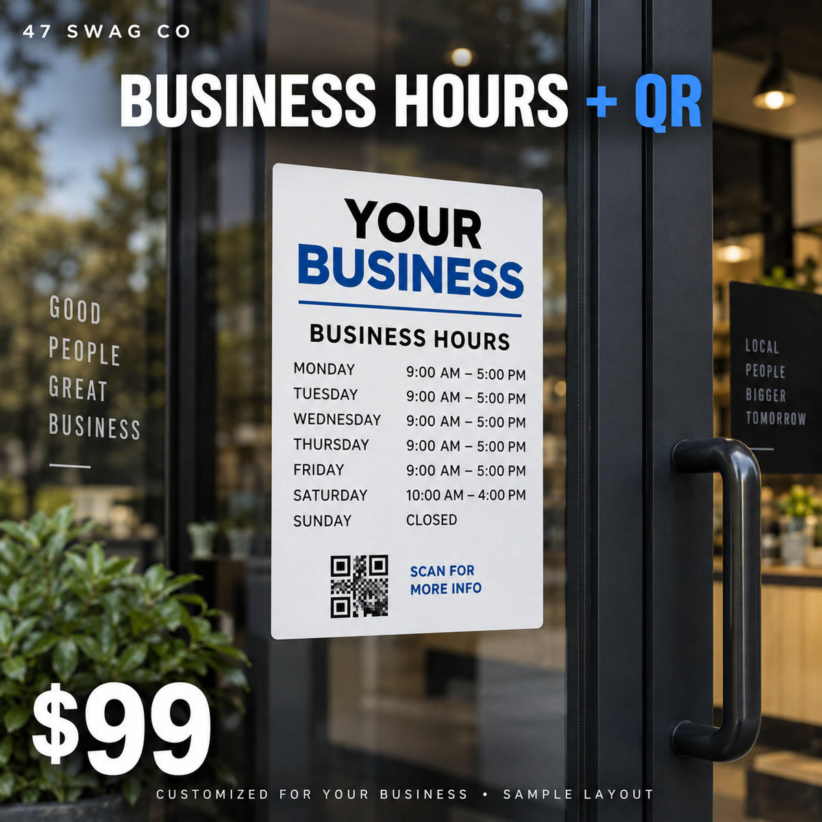 Custom Business Hours Door Decal with QR Code — sample personalized design, from $99