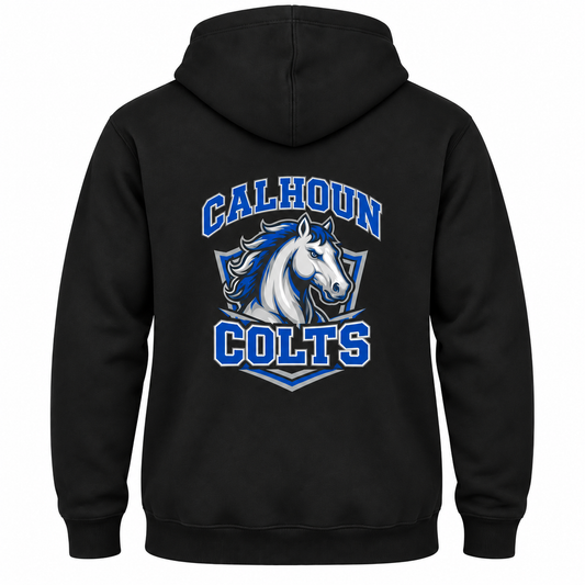 Calhoun Varsity Hoodie — Black — single black garment back view