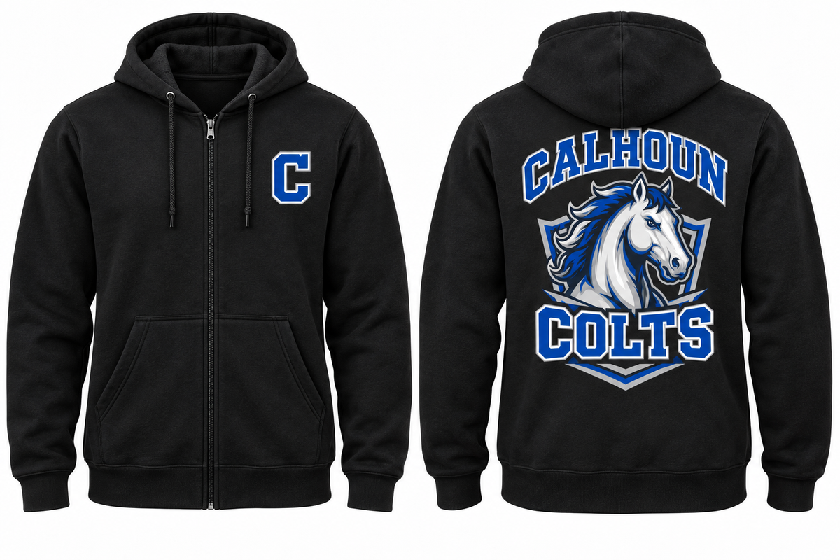 Calhoun Varsity Zip-Up Hoodie — Black front and back