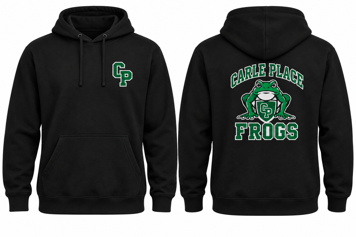 CARLE PLACE FROGS black hoodie front and back