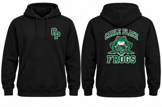 CARLE PLACE FROGS black hoodie front and back