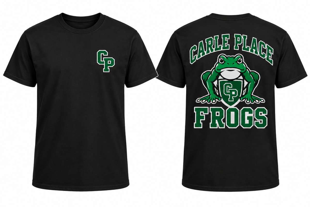 CARLE PLACE FROGS black tee front and back