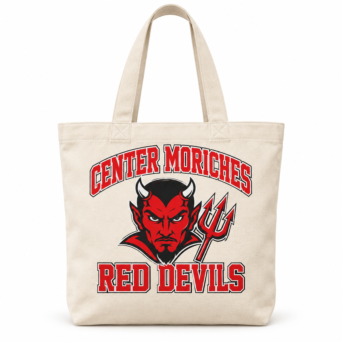 Center Moriches Red Devils Collegiate Tote Bag in Natural, front view