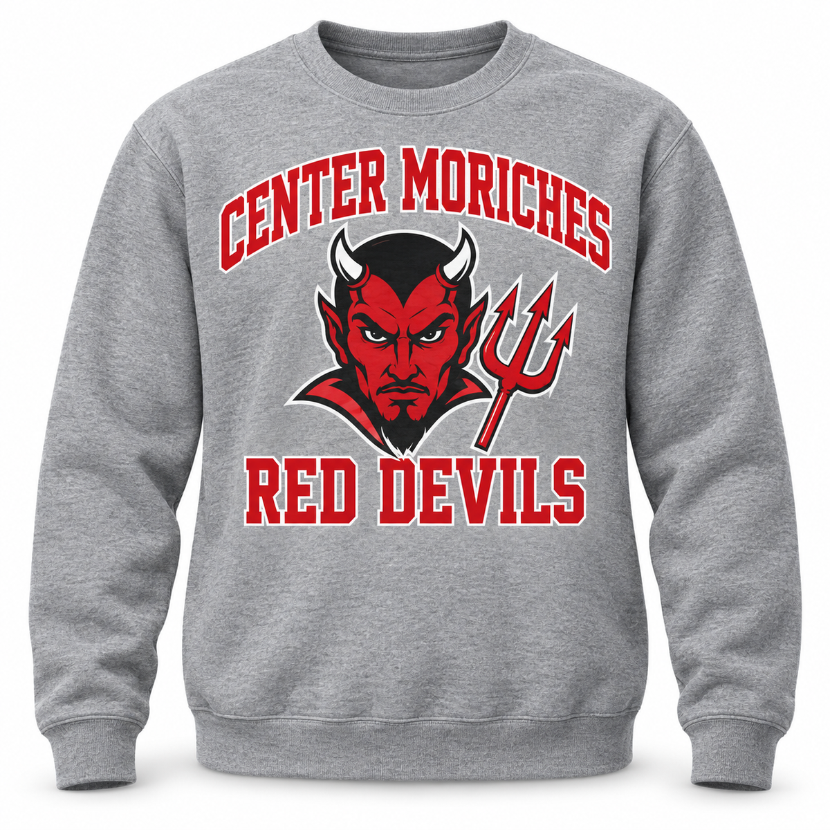 Center Moriches Red Devils Crest Crewneck Sweatshirt in Heather Gray, front view