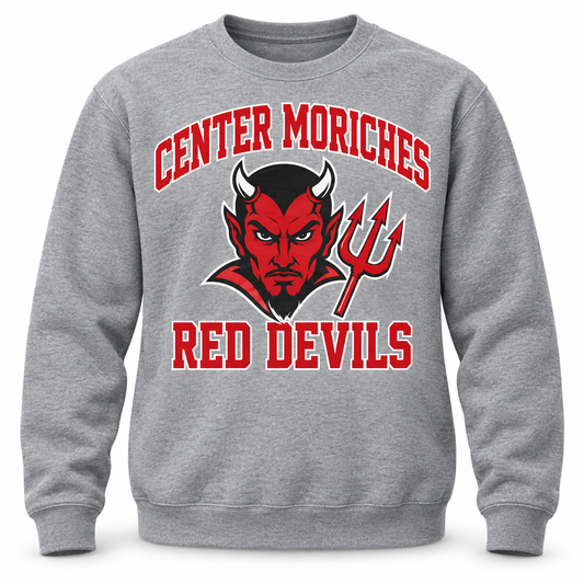 Center Moriches Red Devils Crest Crewneck Sweatshirt in Heather Gray, front view