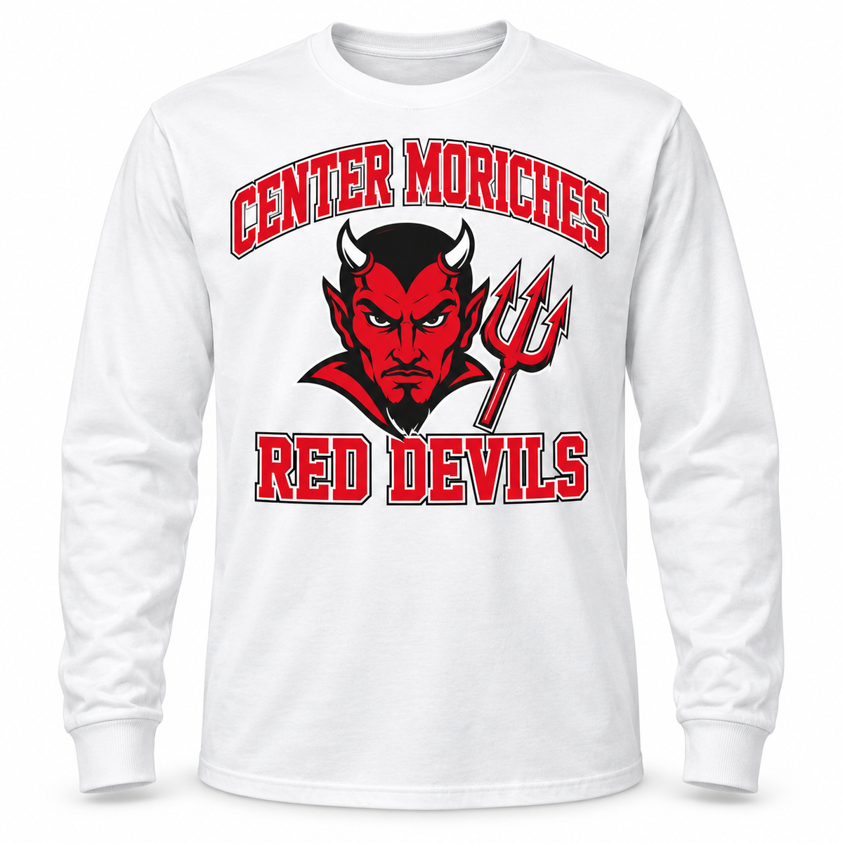 Center Moriches Red Devils Collegiate Long Sleeve Tee in White, front view