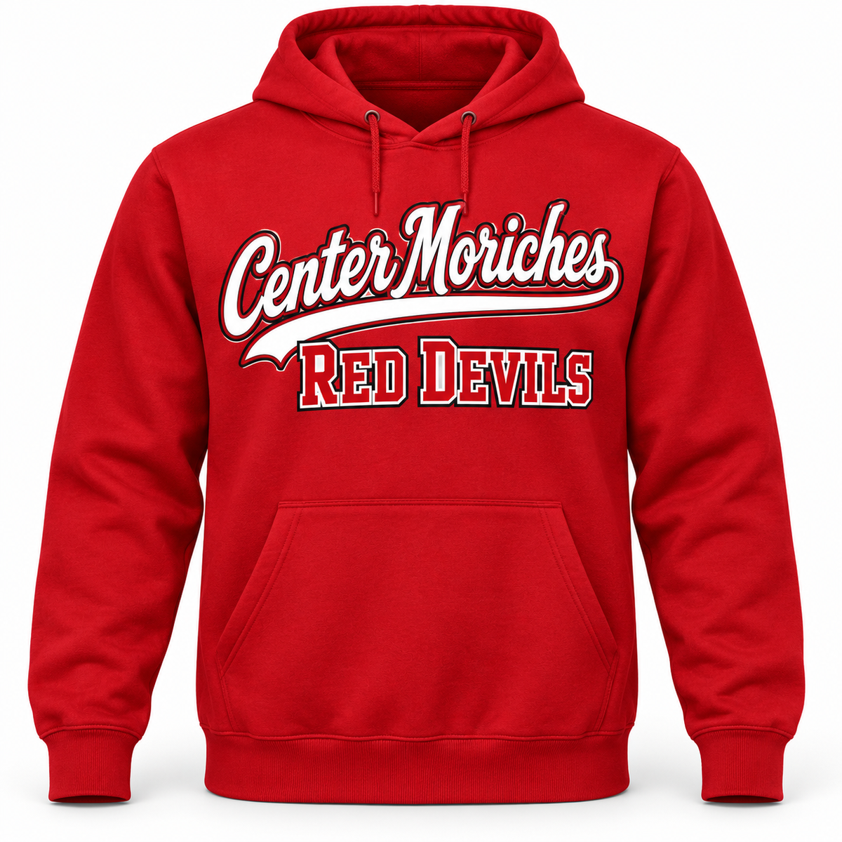 Center Moriches Red Devils Script Pullover Hoodie in Red, front view