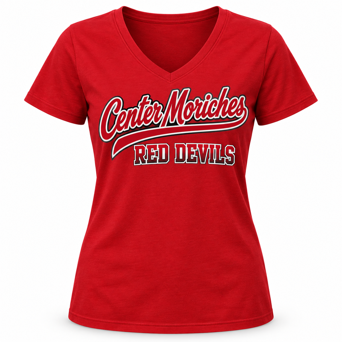 Center Moriches Red Devils Women's Script V-Neck Tee in Red, front view