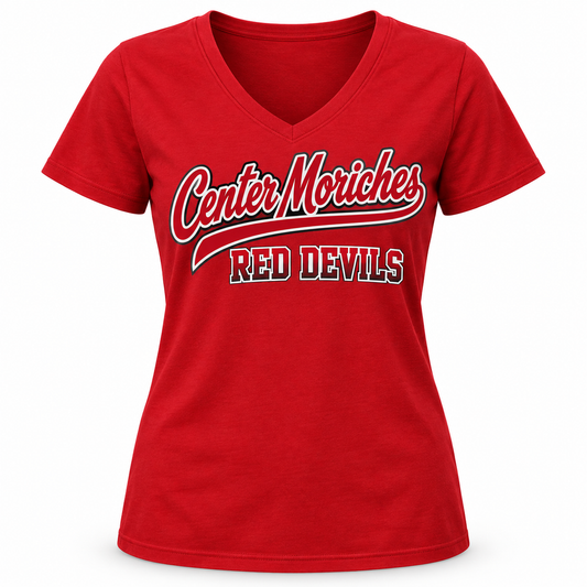 Center Moriches Red Devils Women's Script V-Neck Tee in Red, front view
