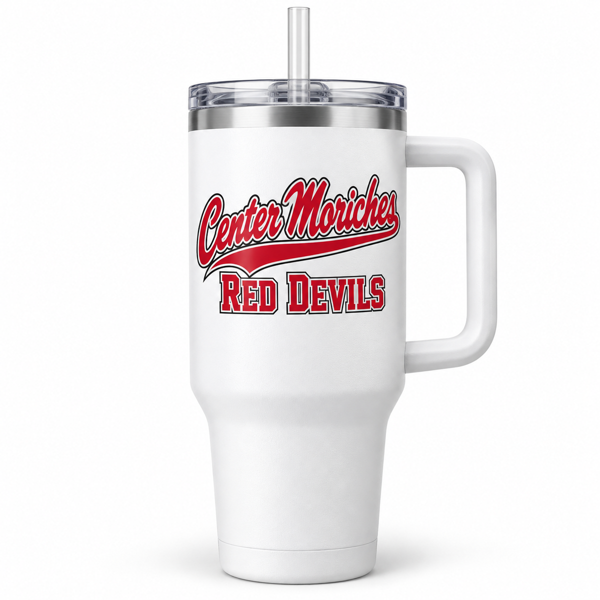 Center Moriches Red Devils Script Handled Tumbler in White, front view