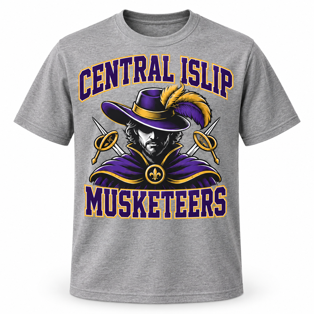 Central Islip Musketeers Collegiate Tee in Heather Gray, front view