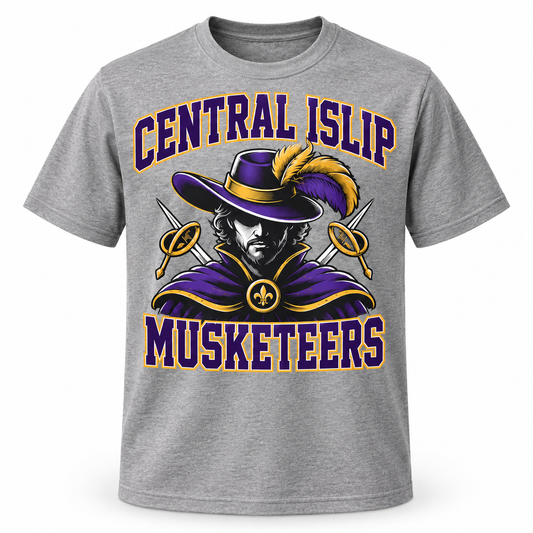Central Islip Musketeers Collegiate Tee in Heather Gray, front view