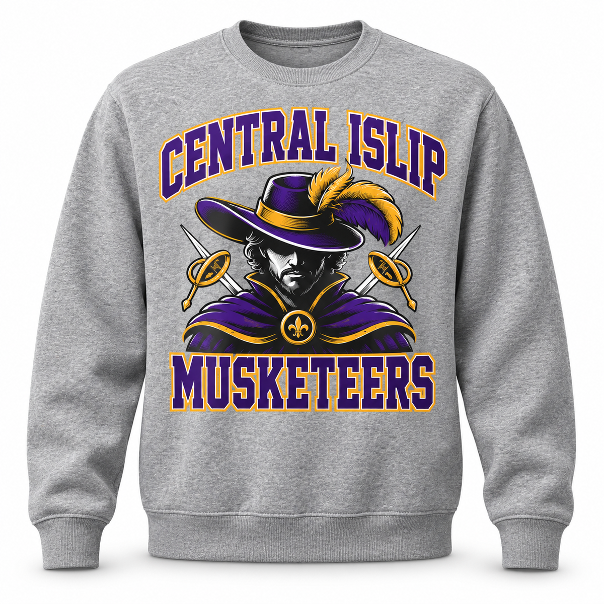 Central Islip Musketeers Crest Crewneck Sweatshirt in Heather Gray, front view