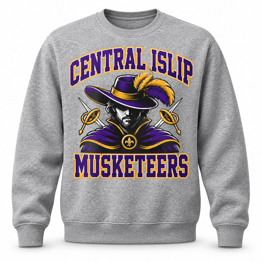 Central Islip Musketeers Crest Crewneck Sweatshirt in Heather Gray, front view