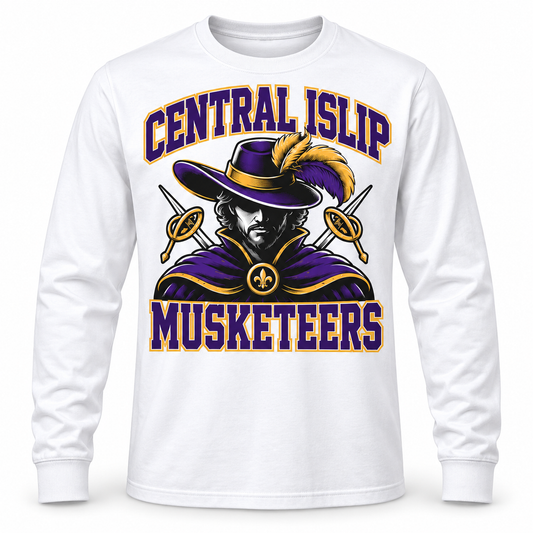 Central Islip Musketeers Collegiate Long Sleeve Tee in White, front view