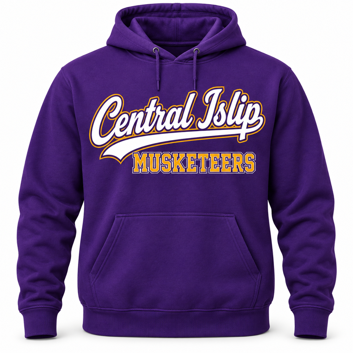 Central Islip Musketeers Script Pullover Hoodie in Purple, front view