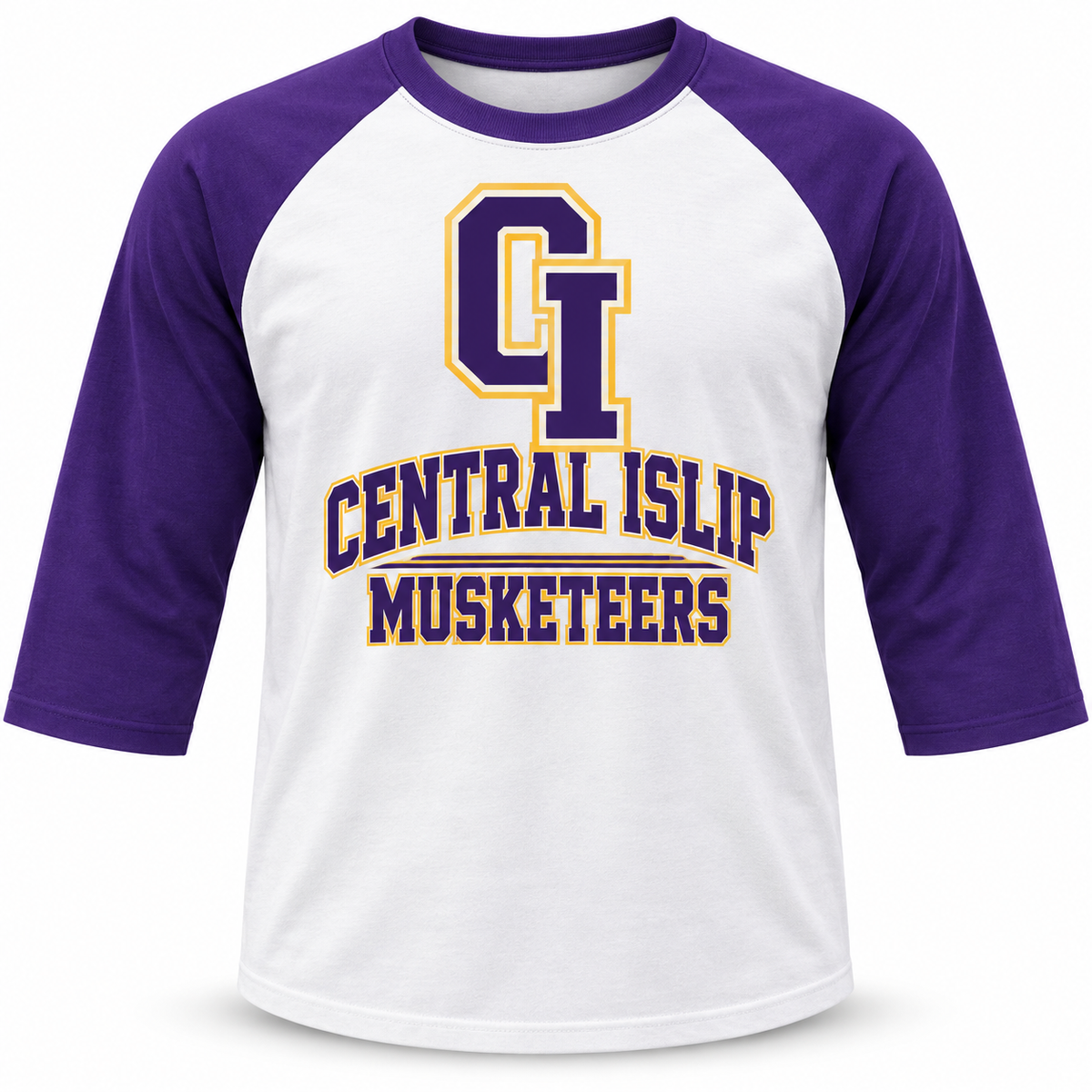 Central Islip Musketeers Raglan Baseball Tee in White / Purple, front view