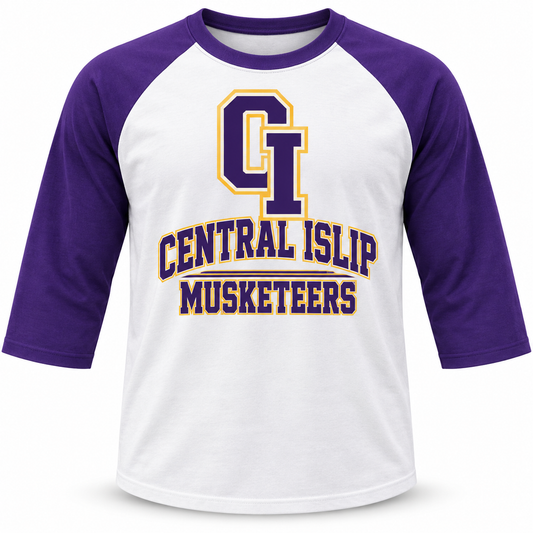 Central Islip Musketeers Raglan Baseball Tee in White / Purple, front view