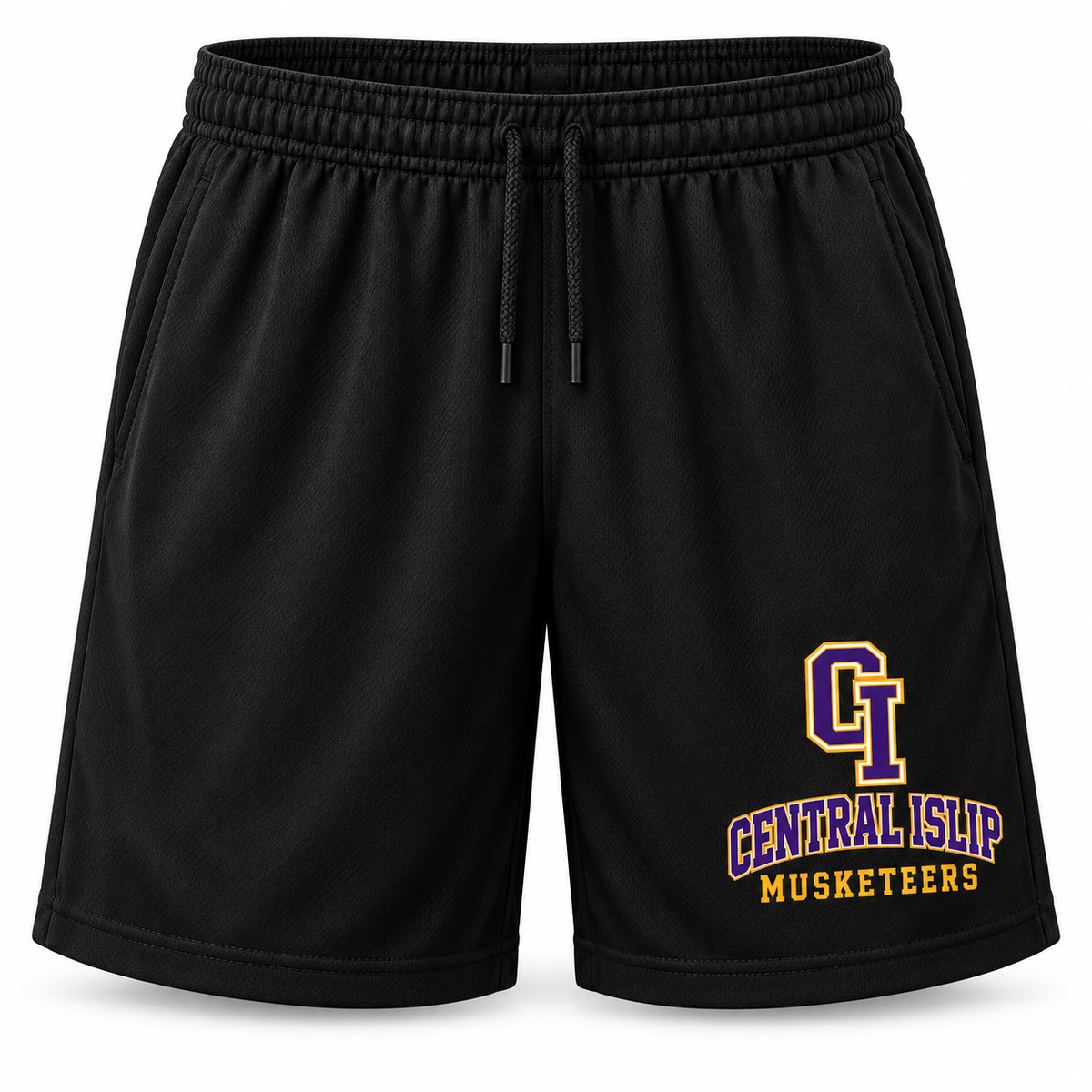 Central Islip Musketeers Rally Shorts in Black, front view