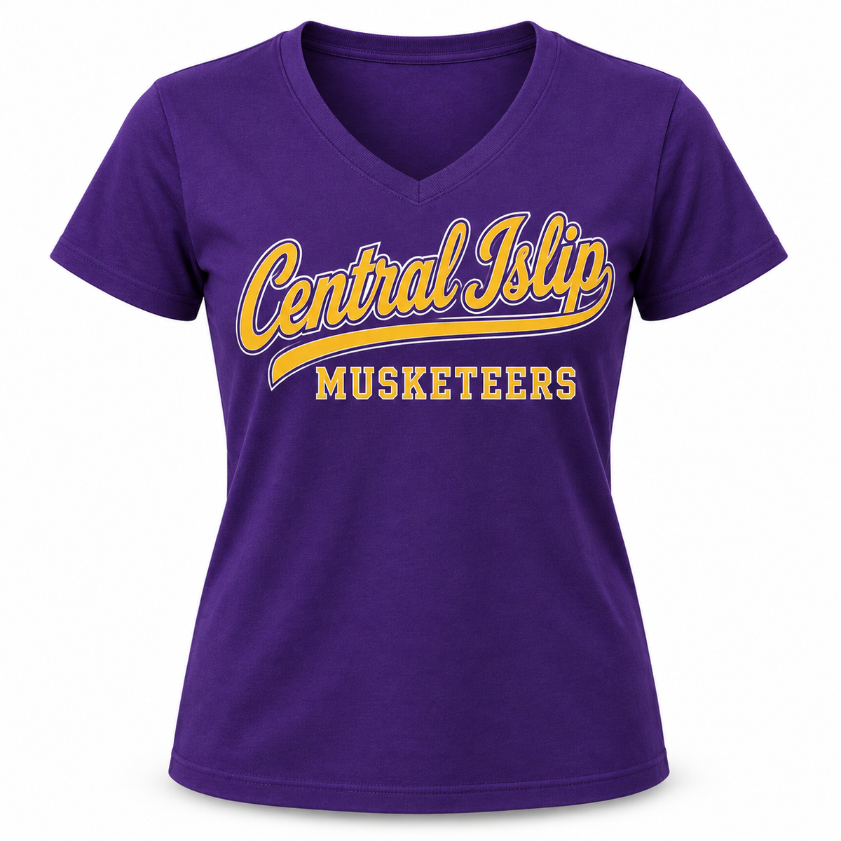 Central Islip Musketeers Women's Script V-Neck Tee in Purple, front view